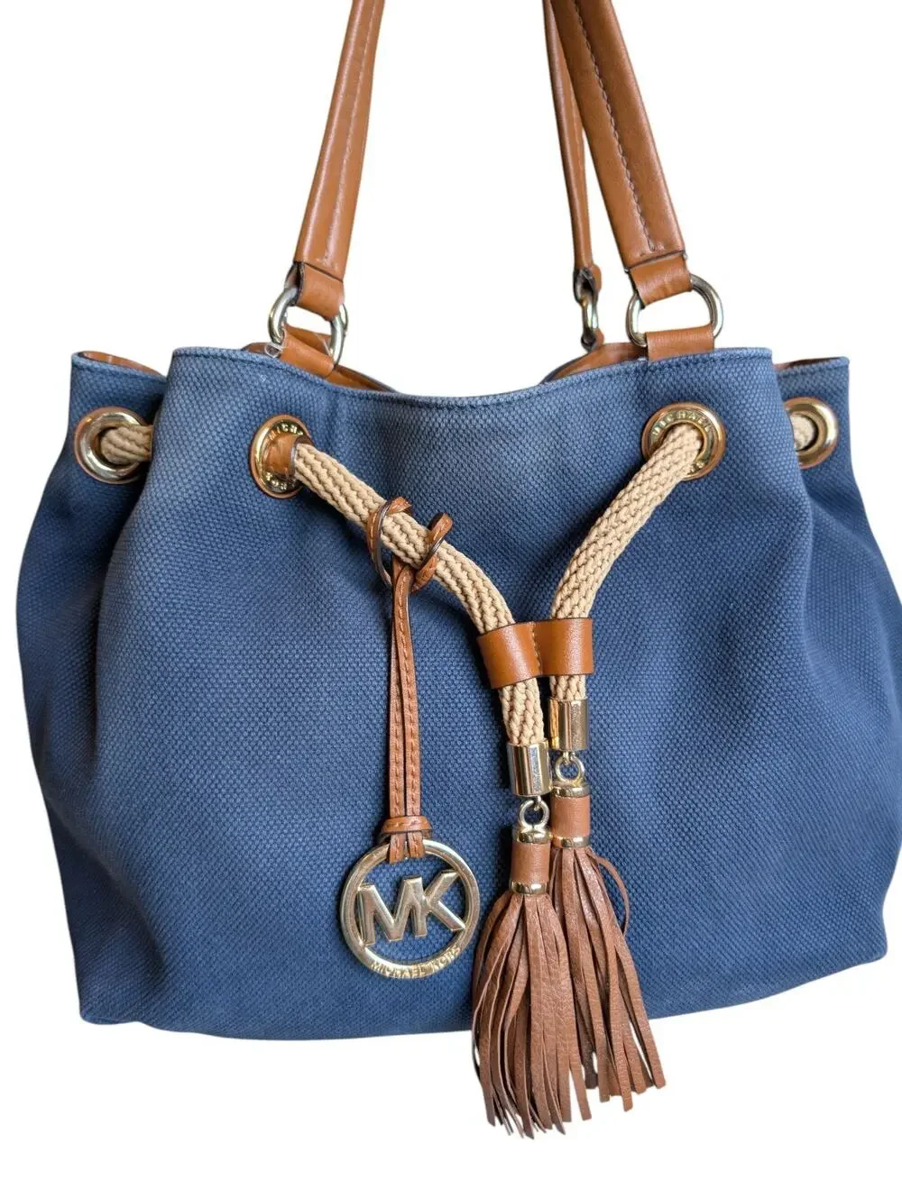 Michael Kors Marina Canvas Rope Tassel Large Bucket Bag Drawstring Blue